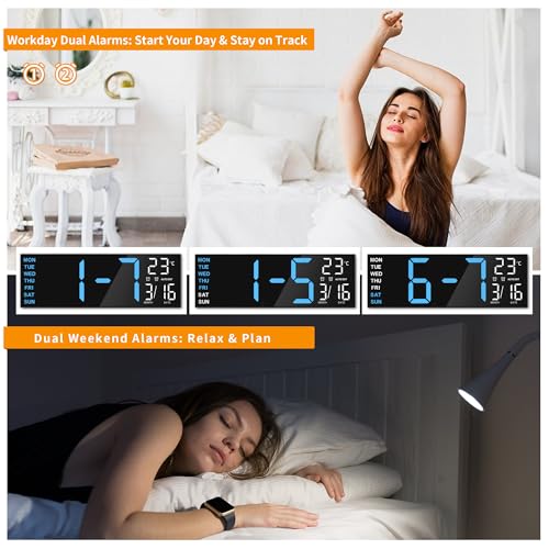 Image of Maxstar Large Digital Wall Clock with RGB Led Display & Remote Control, Loud Dual Alarms, Auto-DST, Temperature,Date,Night Light for Bedroom /Office /Living Room /Shop /Gym /Game Room