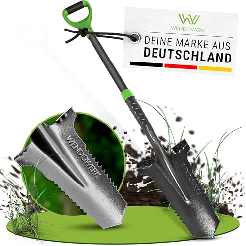 WENDOWERK®️ Spaten mit Wurzelsäge - Wurzelspaten mit extra breiter Trittfläche für harte Böden & ergonomischen Griff - Spaten mit Wurzelsäge für einfaches Graben im Garten - Stabiler Gartenspaten