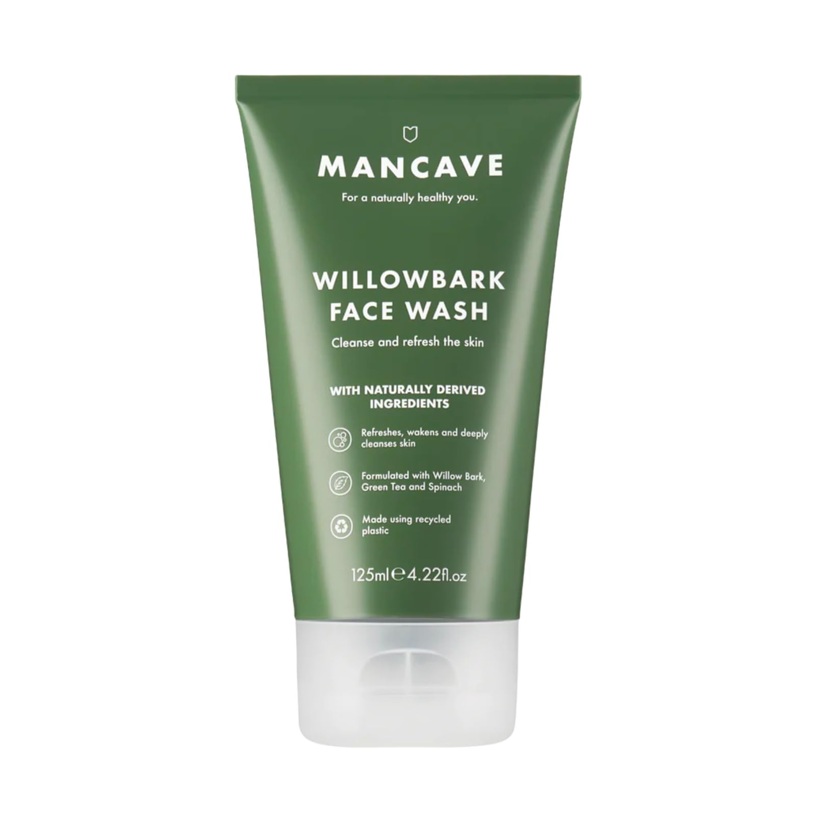 ManCave Limpiador Facial Hombre de Corteza de Sauce, 125 ml – Jabón Facial Espumante con Extracto de Sauce, Té Verde, Espinacas – Limpieza Facial Desintoxicante, Fórmula Natural, Sin Sulfatos, Vegana