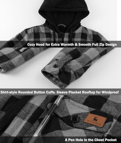 Image of V VALANCH Men's Flannel Shirt Jacket with Hood Fleece Lined Plaid Jacket Zip Up Winter Warm Coat