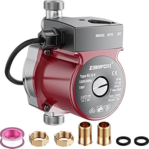 ZeroPone Hot Water Recirculating Pump, Water Circulator Pump, 120W 110V Automatic Circulating Pump Stainless Steel Head NPT 3/4" w/NPT 1/2" Adapter,15-9S Dual Control for Electric Water Heater System Cover