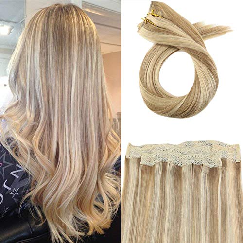 Moresoo 20 Inch Flip on Hair Extensions Real Human Hair Mixed Blonde Hair Extensions Wire Hair Extensions #14 Highlighted with #613 3/4 Full Head Set Halo Remy Hair Straight