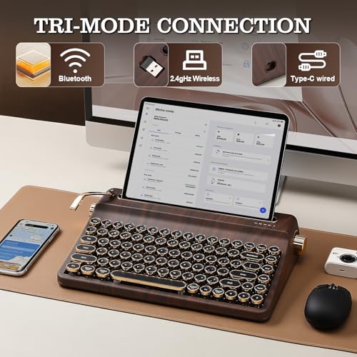 Image of YUNZII QL75 Wireless Typewriter Hot Swap Retro Mechanical Keyboard,Punk Round Keycaps,RGB Backlit QMK /VIA Programmable, Multi-Device Keyboard with 2.4GHz /Type-C /BT5.0 (Wood, Cocoa Cream V2 Switch)