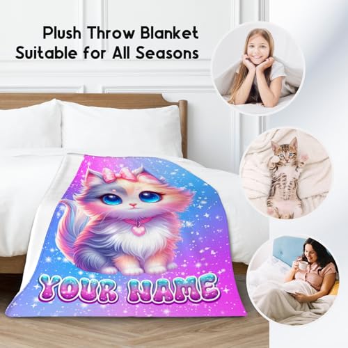 Girls Blanket Gifts - Customize Blanket with Cat for Cat Lovers - Comfy Cozy Flannel Throws for Couch, Office 4 Sizes