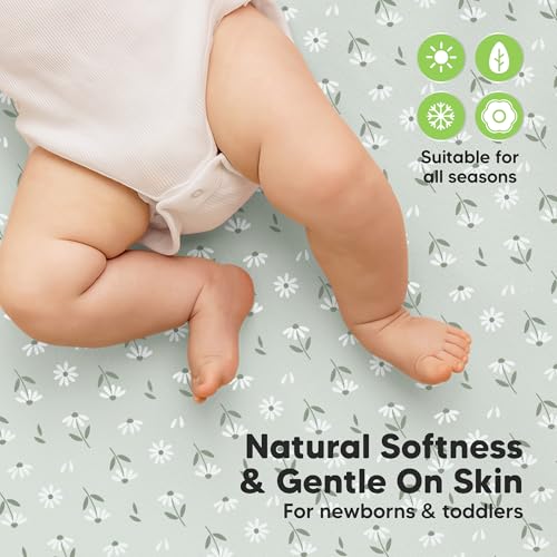 Image of 2-Pack Waterproof Crib Sheets for Boys, Girls, 52x28 Fitted (Daisies) | Organic Cotton Baby Crib Sheets, Toddler Mattress Protector Cover, Washable, Soft & Durable Baby Bedding Essentials