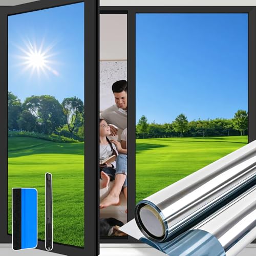 Niviy Film Fenetre Anti Regard sans Colle Film Anti Chaleur Effet Miroir sans Tain pour Vitre Brise Vue Fenetre Anti UV pour Fenêtre Maison/Bureau 44.5x200cm