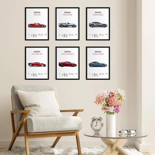 Image of CodersParadise Paper Ferrari Wall Poster Frames - Pack Of 6 | 8 X 12Cm (A4 Size) | Aesthetic Artwork Framed Posters | Framed Posters For Living Room, Bedroom