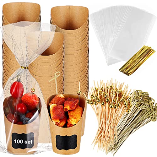 100 Pcs 14 oz Charcuterie Cups, French Fries Holder Disposable with 100 Clear Plastic Bags with Ties 400 Cocktail Picks 120 Label for Individual Party Serving Treats Popcorns Desserts (Kraft Color)