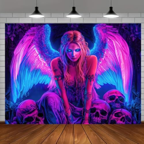 Image of BlissYard Blacklight Gothic Tapestry 78x59 Inch Womens Tapestry | Cool Girl Art Skull Trippy Wall Art, Uv Reactive Glow In the Dark Psychedelic Wall Hanging for Bedroom Dorm Room Decor