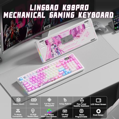 Image of LINGBAO K98 PRO Anime Mechanical Keyboard Wireless, with Screen & Knob,RGB Gaming Keyboard, Tri-Mode BT5.0 /2.4GHz /USB-C, Gasket Mount Hot Swappable Linear Switches Gamer Keyboards for PC /Mac /Android