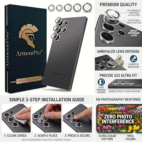 Image of ArmourPro Edge to Edge Tempered Glass for Samsung Galaxy S25 Ultra with Silver Camera Ring Guard, 9H Screen Protector, Anti-Scratch, Anti-Fingerprint, Bubble-Free Installation Kit