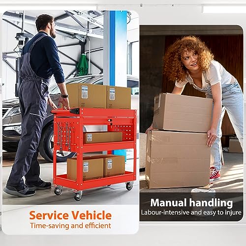 Image of 3 Tier Heavy Duty Rolling Tool Cart with Drawers, Large Storage Utility Cart on Wheels for Garage, Warehouse, Repair Shop (Red)
