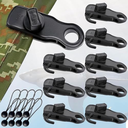 Planenspanner Clips 8 Stück Planenspanner mit Haken und 8 Stück Spanngummis mit Kugel Haiförmige Planenclips Strapazierfähigen Set für Plane Zeltplane Tarp Camping Wohnmobil Zubehör Banner Spanner
