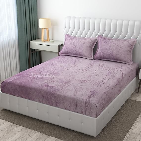 Queen Size Velvet Fitted Bedsheet Set (254x274 cms), with 2 Pillow Covers (46x68 cms), (Baby Purple)-image-0