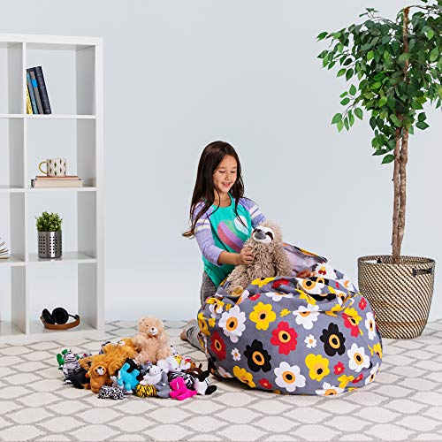 Posh Stuffable Kids Stuffed Animal Storage Bean Bag Chair Cover - Childrens Toy Organizer, Large 38" - Canvas Multicolored Flowers On Gray #TOP5