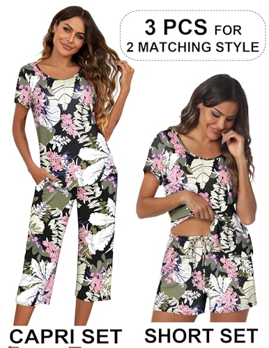 Image of Ekouaer 3 PCS Capri Pajamas for Women Set Short Sleeve Pajama Lounge Sets | Floral Pj Sets Top and Capri Pants Soft Comfy Sleepwear with Pockets for Home, Daily Wear for Mom, Wife, Grandmother