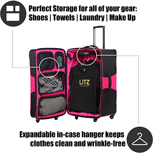 Pink And Black Suitcase - Dance Bag With Garment Rack - Rolling Garment Bag - Hanging Garment Bag - Dance Garment Bag For Costumes - Bag Rack Dance Bags - 29 In Suitcase - LITZ Competition Roller
