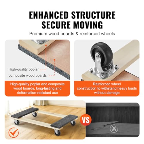 VEVOR Furniture Dolly, 1000 lbs Load Capacity, 18" x 30", 4 x 3" PP Swivel Casters, Heavy Duty Hardwood Furniture Moving Dolly, Mover's Dolly, Moving Cart with Wheels for Heavy Furniture Home Cleaning by VEVOR - Image 4