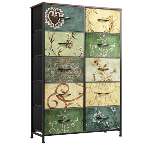 WLIVE Tall Dresser for Bedroom with 10 Fabric Drawers, Floral Painted