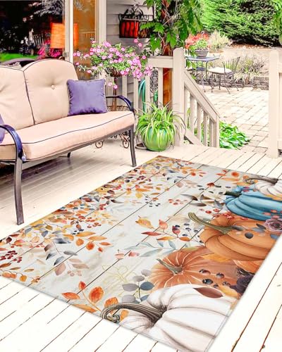 Lsrtoss Orange Blue Fall Outdoor Rug for Patio/Deck/Porch, Non-Slip Large Area Rug 4 x 6...
