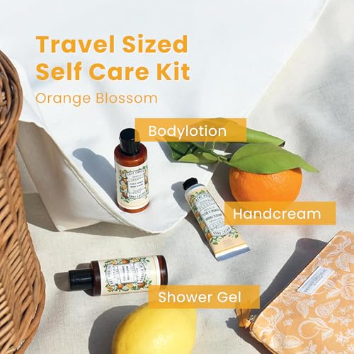 Image of Panier des Sens Orange Blossom Travel Pouch Gift Set, 3.3 + 3.3 + 1 fl oz | Travel Pouch Gift Set | Shower Gel, Body Lotion & Hand Cream | Vegan Formula | 97% Natural Ingredients | Made In France