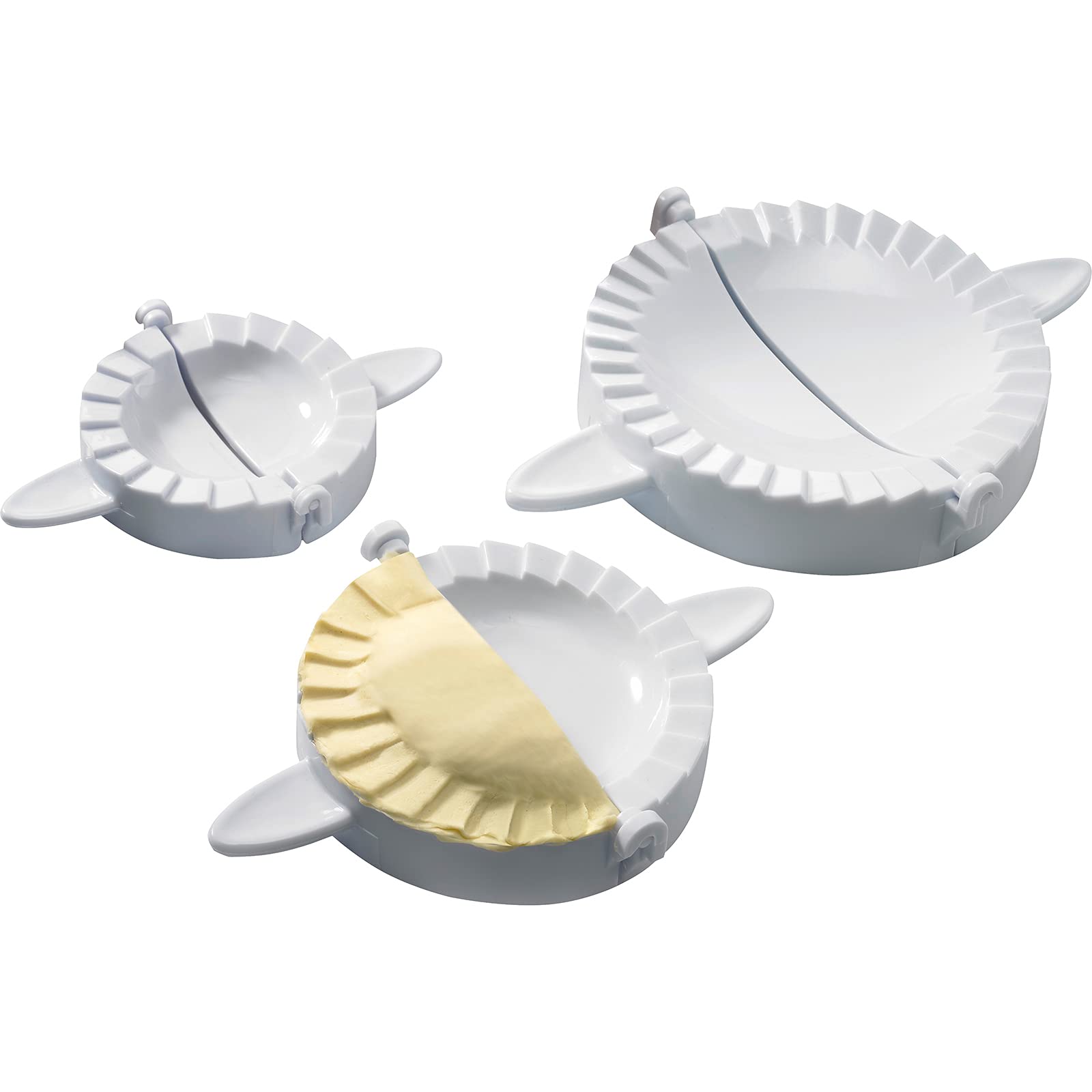 Geetery Set di 5 stampi per ravioli manuale, con 12 fori, mattarello in legno e 3 stili di taglio (rotondo, quadrato, rotella a rullo), in acciaio inox e legno