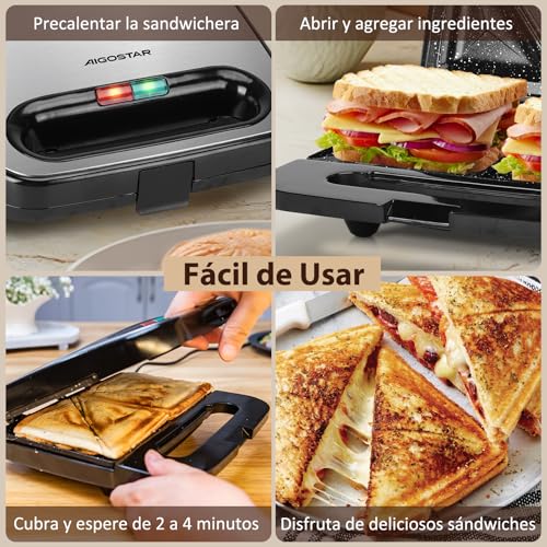 Aigostar - Sandwichera 2 Sandwiches, Revestimiento Cerámico Antiadherente, Control Automático de Temperatura 180-200℃, Luces Indicadoras, Asa de Toque Frío, Almacenamiento Vertical, 750W, Lamo Pro - imagen 2
