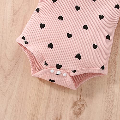 Vivifayee Infant Newborn Baby Girl Clothes Outfits Ruffled Long Sleeve Romper Onesie Heart Print Pants Set With Headband 3Pcs Cute Toddler Girl Clothing Set #TOP5