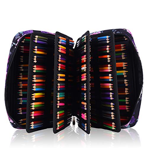 Image of Colored Pencil Case Slot Holds 300 Pencils or 200 Gel Pens with Zipper Closure Large Capacity Nylon Pen Organizer for Painter or Artist (Purple and Pink Rose)