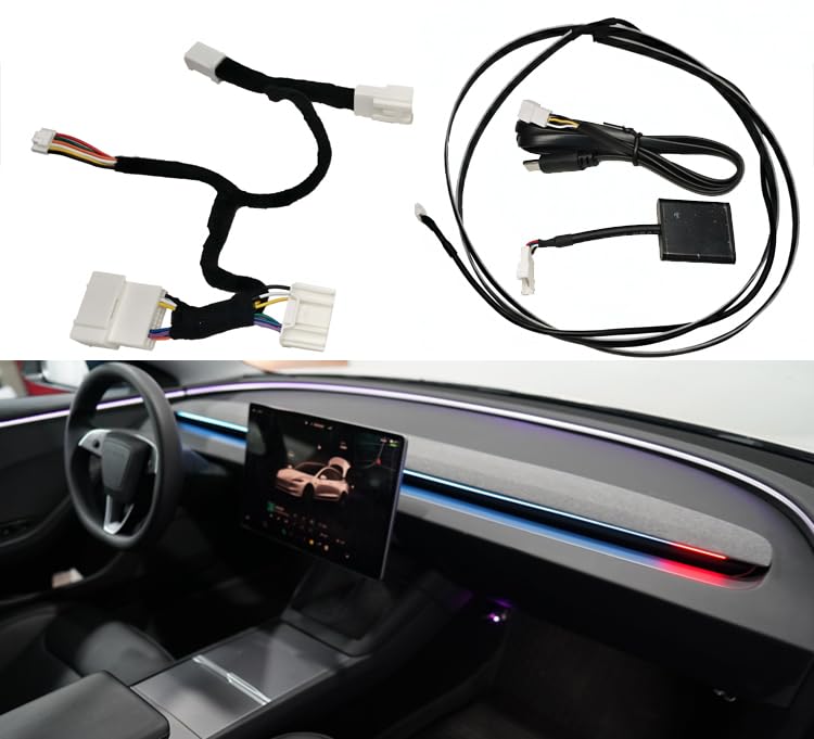 M.I.C. LED-Ambientelicht-Lichtleiste mit BSD Totwinkel- Geschwindigkeits & Türwarnung farb- & helligkeitsregelbar Plug-&-Play ohne Kleben in den Spalt gesteckt passt für Model 3/Y ab 2021