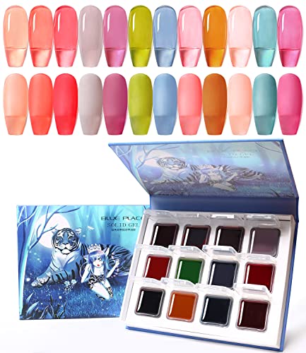 Solid Gel Nail Polish, 12 Colors Jelly Glass Spring Summer Popular Gel Polish Cream Translucent Pudding Manicure Palette UV/LED Nail Art Kit Salon DIY Home