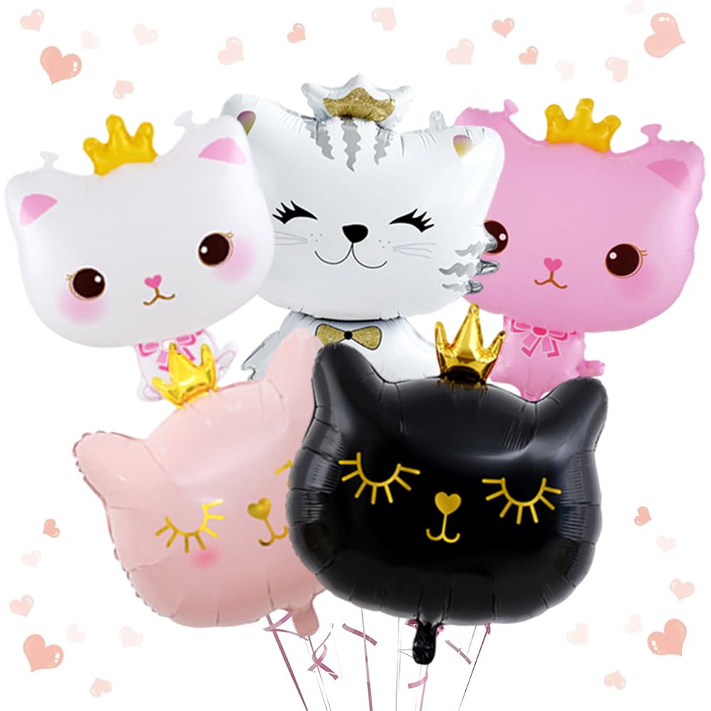 Helium Balloon Crown Cat, Animal Balloons – 5 Pieces Aluminium Birthday Decoration for Kittens – White, Pink and Black, Cat for Birthday Decoration Party