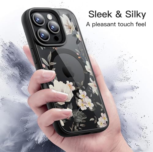 Image of VONZEE Compatible with iPhone 15 Pro Case Luxury Retro Flowers Floral Clear for Magnetic Wireless Charging Case Shockproof Case PC+TPU Cute Glossy Shiny Cover for Girls Women, 6.1'' Black