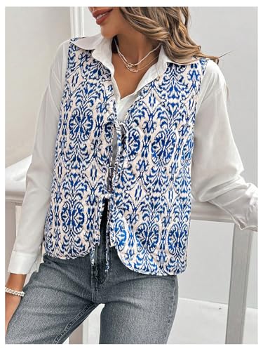 OYOANGLE Women's Floral Print Sleeveless Boho Vest Tops Lightweight Tie Front V Neck Vintage Waistcoats4