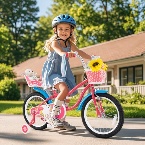 Image of BABY JOY Girls Bike with Streamers & Doll-Seat, Kids Bike for 3-8 Years Old | 12 14 16 18 20 Inch Children Bicycle w /Detachable Training Wheels or Kickstand, Storage Basket, Adjustable Seat and Handlebar