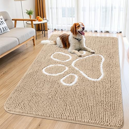 Image of Smiry Dog Door Mat for Muddy Paws, Absorbent Dirt Trapper Non Slip Quick Dry Washable Chenille Mat for Mud Dogs, Entry Rug for Indoor and Outdoor (59x35 Inches, Beige and White)