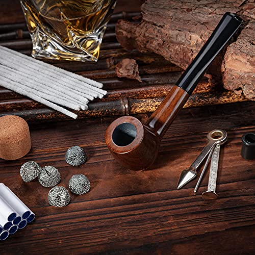 Tobacco Pipe Set, Handmade Wooden Straight Stem Smoking Pipe with Accessories (Filter Elements, Filter Balls, 3 in 1 Scraper, Pipe Cleaners, Bag, Box) (Brown)