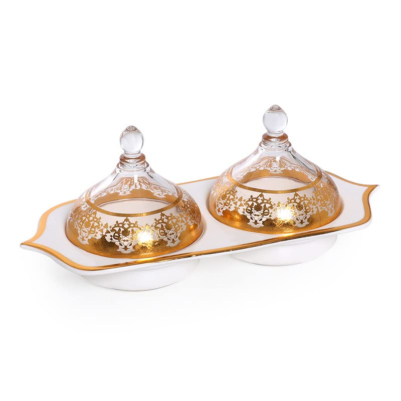 Homes r us Nadia 2-Rectangular Date Bowl with Cover, Gold & White - 33x14 cms