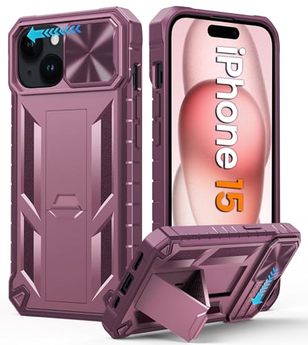 Coque iPhone 15 antichoc FNTCASE rose avec béquille intégrée et protection de caméra coulissante