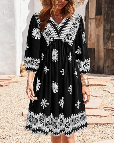 Image of BTFBM Women Casual Spring Summer Dresses V Neck 3 /4 Long Sleeve Ruffle Floral Flowy Boho Babydoll Mini Short Beach Dress