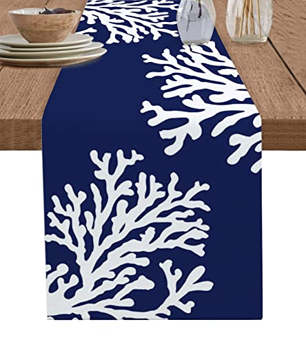 Navy Blue Coral Table Runner 70 Inches Long Farmhouse Dress Scarves, Coastal Summer Beach Nautical Seaside Dining Tablerunner for Coffee Table/Kitchen Island/Party Décor, 13