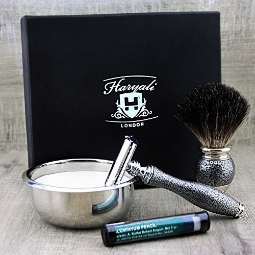 Haryali London, Set da Barba Uomo Completo 4 Pezzi – Kit Rasatura a Umido con Rasoio di Sicurezza Doppia Lama, Pennello da Barba in Tasso, Ciotola in Acciaio Inox e Sapone da Barba