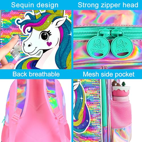Image of CCJPX 3Pcs Unicorn Backpack for Girls, 16 inch Kids Sequin Bookbag with Lunch Box, Water Resistant Elementary School Bag for Kindergarten Preschool Toddler (Rainbow)