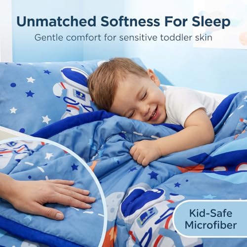 Image of EVERYDAY KIDS 4 Piece Toddler Bedding Set - Outer Space Adventures - Includes Comforter, Flat Sheet, Fitted Sheet and Reversible Pillowcase