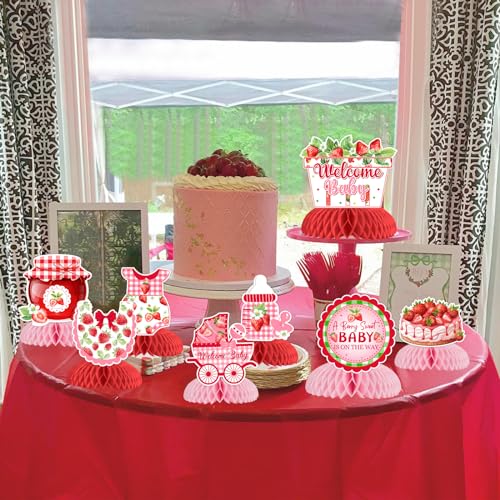 Sursurprise Strawberry Baby Shower Decorations, 8 Pieces Strawberry Honeycomb Centerpieces - Image 4