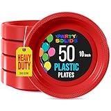 Exquisite Party Solids Red Plastic Plates For Party Supplies 10' Red Disposable Plates Heavy Duty 50 Pcs Plastic Dinnerware Sets Heavy Duty 350 GSM Disposable Dinnerware Set