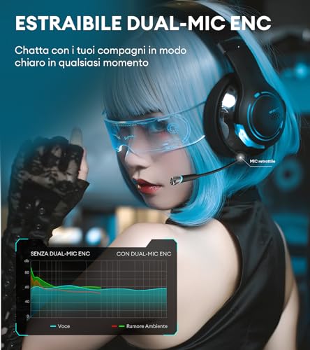 HECATE G5BT Cuffie Gaming Over Ear con Mic, Cancellazione del Rumore, RGB Luce, H+ Effetti Sonori, Hi-Res Audio, Bluetooth e Cavo Audio 3,5mm per PC PS4 PS5 Cellulari Switch (Nero) - Mouse gaming - Immagine 5