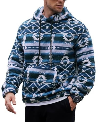 VOGSTART Mens Stylish Classic Hoody Cozy Western Hoodie Flannel Fleece Long Sleeve Retro Fluff Warm Sweatshirt Blue - Ethnic Prints L