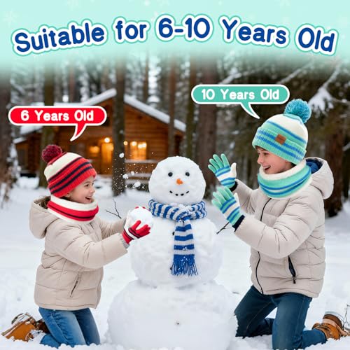 Image of Kids Winter Hat Gloves Scarf Set: Girls Boys Beanie Fleece Lined Ages 6-10