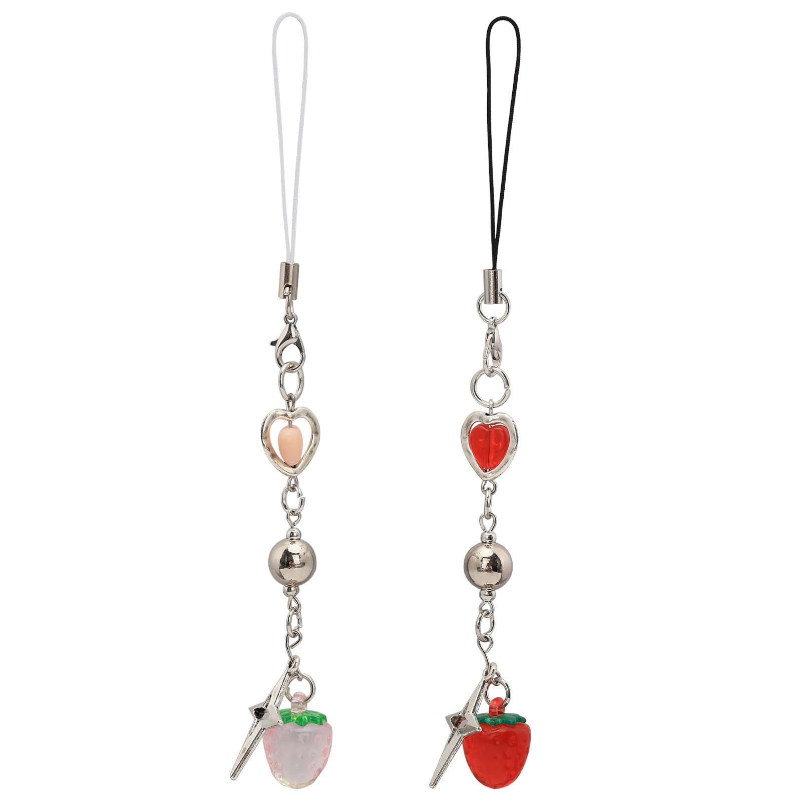 GLOBLELAND 2 Stück Erdbeer-Handyanhänger Aus Glas | Rosa & Rot, Mit Legierungs-Stern | Handgefertigte Lampwork, 6 Zoll Lang | Deko Für Handy, Schlüssel, Tasche
